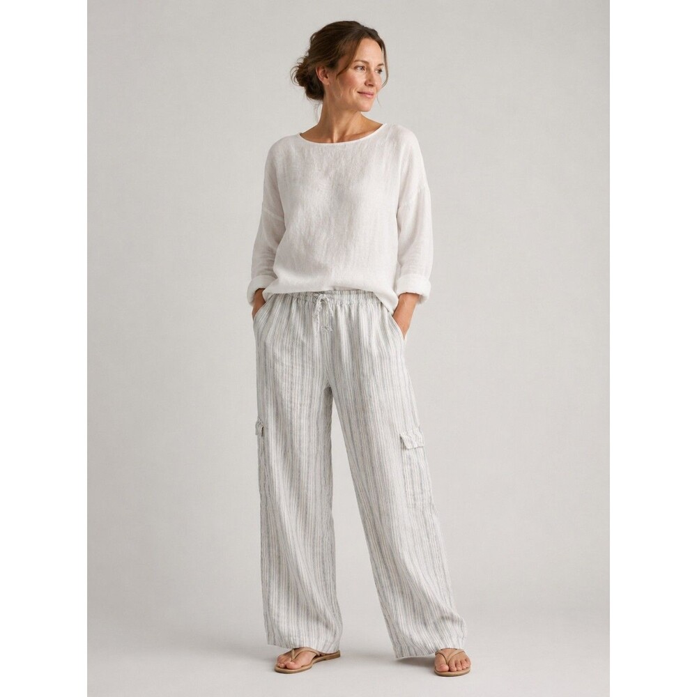 Eskandar Linen Pants Sz 2 Neutral Striped XL Drawstring Cargo Pocket Wide Leg